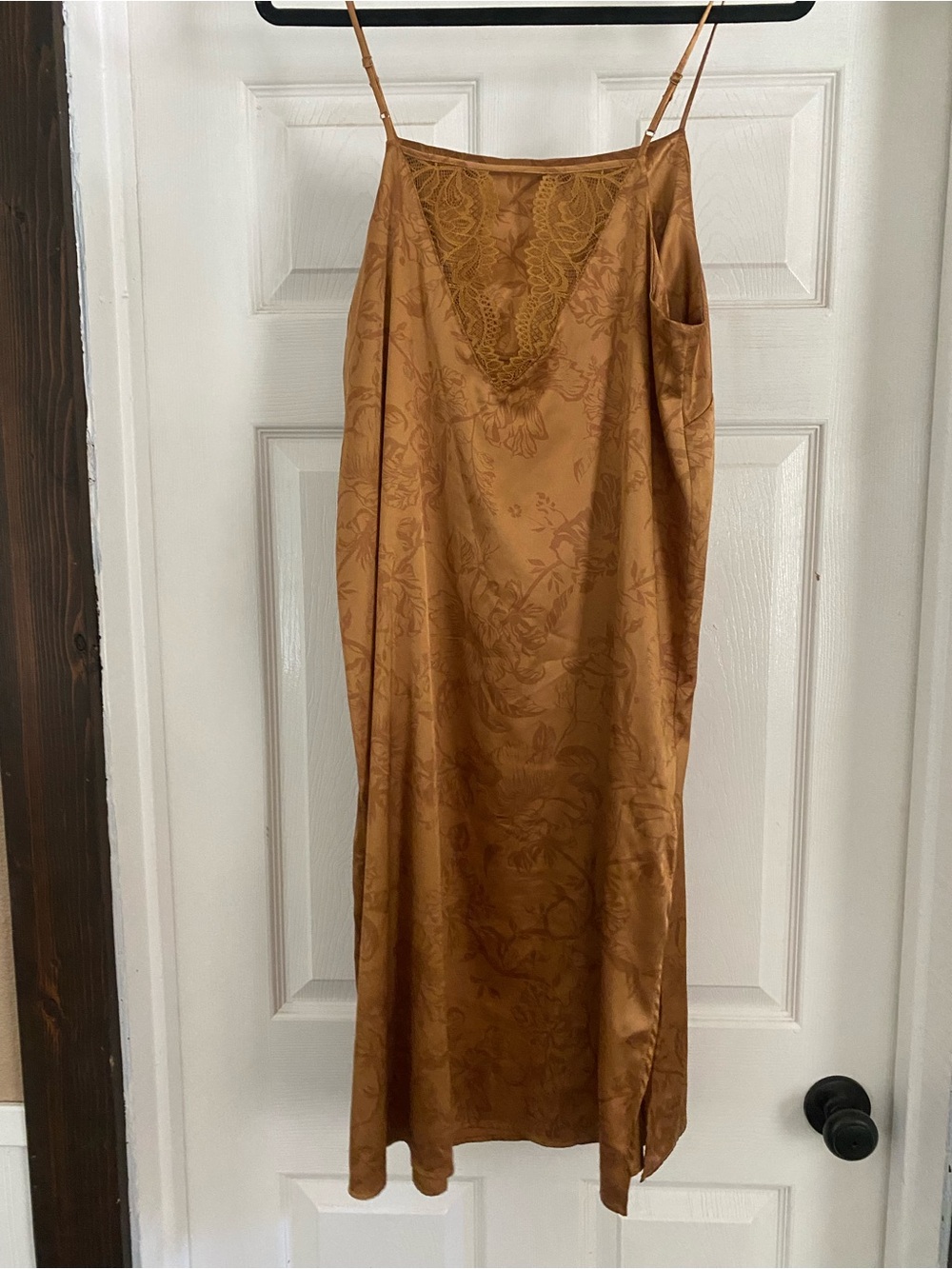 Camel Midi Slip dress with Lace V-Detail